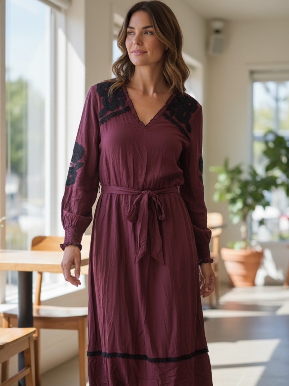 LÉA Free People Burgundy Long-Sleeve Maxi Dress with Black Embroidery NWT